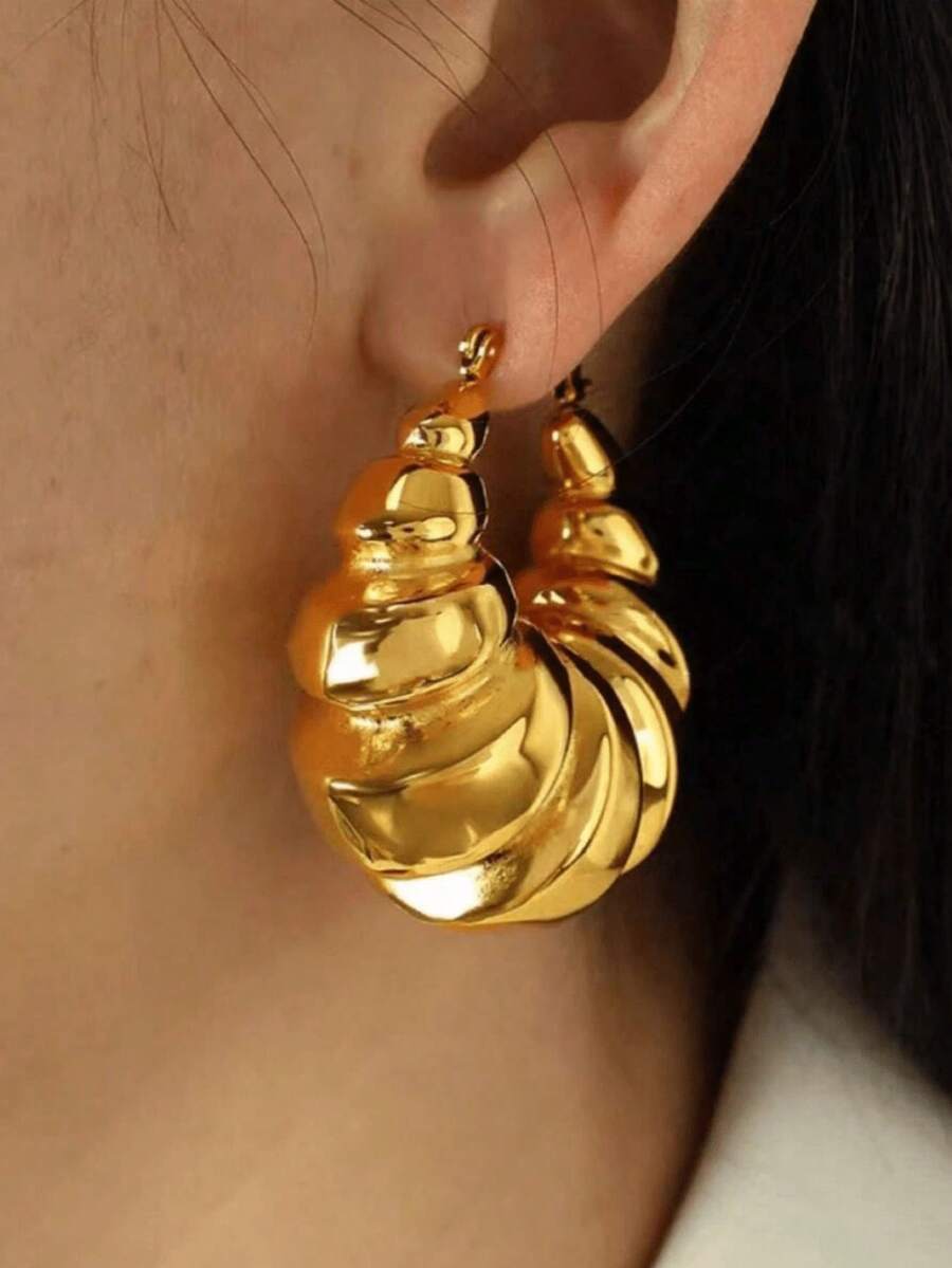 1 Pair Of Fashionable Thick Metallic Finish Round Hoop Earrings For Women, All-Season Jewelry - 銀色 - 查看 1