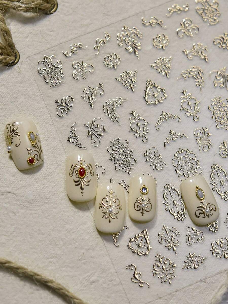 1 hoja Pegatinas de uñas de oro en relieve 5D, Calcomanías de uñas de barroco en relieve 3D, Suministros de arte de uñas elegante DIY - Dorado - Ver 1