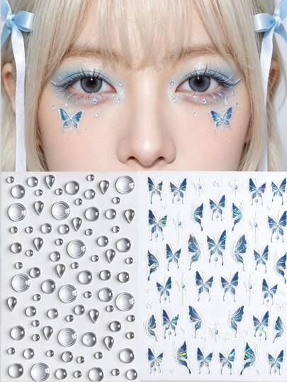 Pegatinas transparentes en forma de gota de agua / Pegatinas de mariposa aurora, perfectas para embellecer el rostro y el Body, adecuadas para pegatinas corporales, pegatinas faciales, pegatinas para cejas; accesorios de maquillaje para festivales de música, fiestas, conciertos, gemas faciales