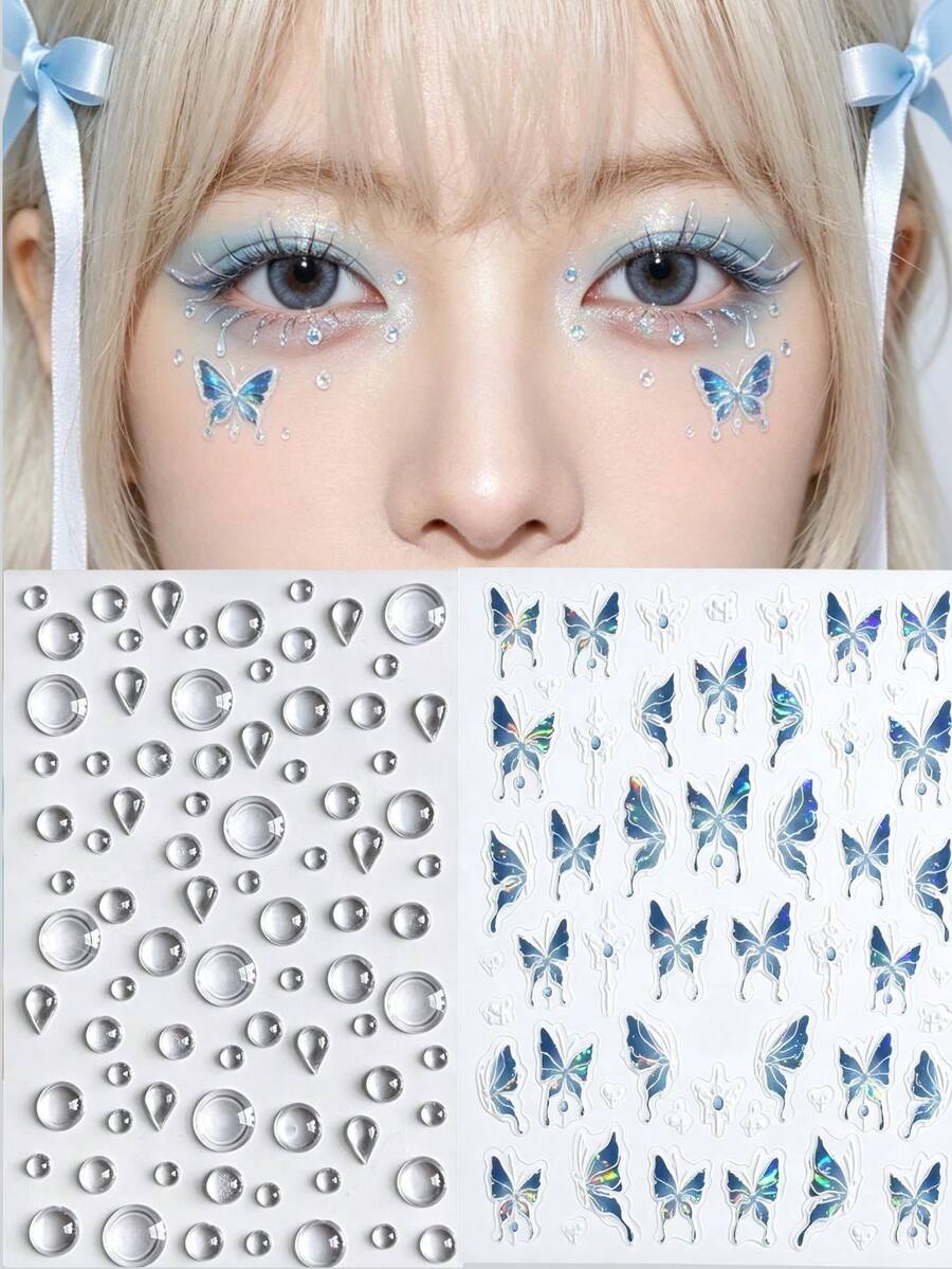Transparent Water Drop Stickers / Aurora Butterfly Stickers, Perfect For Beautifying Face And Body, Suitable For Body Stickers, Face Stickers, Eyebrow Stickers; Music Festival, Party Makeup Accessories,Concert Look,Face Gems - Multicolor - View 1