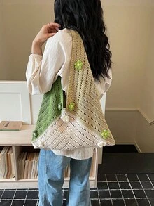 1件装撞色鱼形设计大容量单肩手提包，时尚钩编包，波西米亚风沙滩度假日常女包 - 綠色 - 查看 6