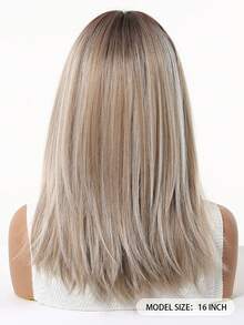 16 Inch Medium Straight Synthetic Hair Wig For Women, Ombre Gray-Brown To Golden Gradient Highlights, With Air Bangs, Heat Resistant, Layered Style, Natural For Daily Wear & Party - Multicolor - View 7