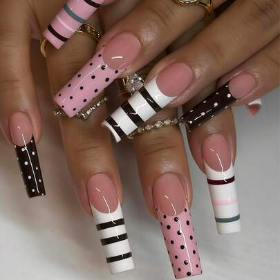 24pcs Y2K Design Colorblock, Polka Dot, Striped Glossy Artificial Nails, Elegant, Cool, Sweet, Suitable For Dates, Parties, Spring/Summer, Autumn/Winter Daily Wear, Removable Press-On Nails Set With Jelly Gel And File, Great Gift For Family And Friends, Random Jelly Gel Color