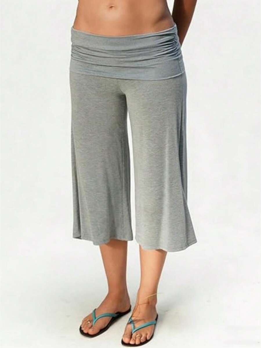 Fold Over Wide Leg Capri Pants For Women Low Rise Lounge Yoga Flare Culottes Y2k Flowy Crop Palazzo Pants Beach - Xám - Xem 1