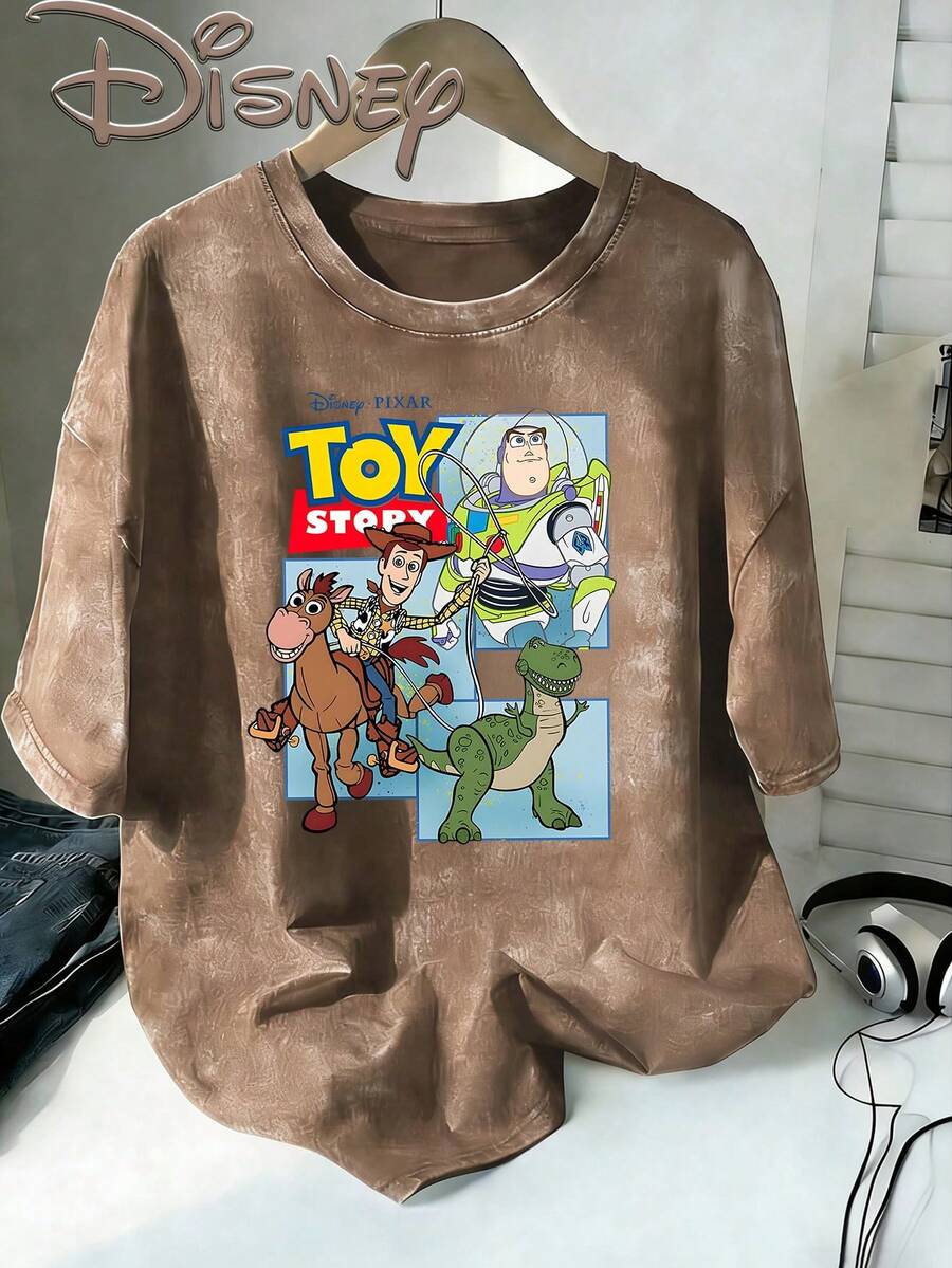 Disney Toy Story Main Characters Vintage Washed Black Oversized Cotton T-Shirt, Extra Large Baggy Fit Tee For Kids & Adults, Disney Fans Casual Top - Cà phê nâu - Xem 1