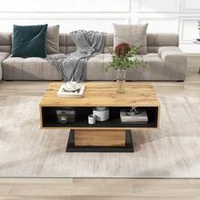 Coffee Table With Wood Grain Finish, Featuring A Handleless Drawer, A Storage Compartment, And A Rear Storage Compartment; Double-Sided Storage Space. Suitable For The Office Or Living Room; Ideal As A Coffee Table With Ample Storage. - Natural - 查看 6