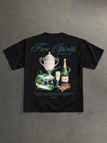 Camiseta de manga corta con estampado de trofeo de campeón de carreras vintage estadounidense, de corte holgado, moda casual para citas y reuniones, regalo ideal para el novio - Negro - Ver 1
