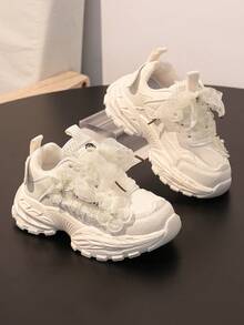 1 Pair New Girls Lace Bow Sneakers, Children Princess Style Casual Shoes - Beige - View 9