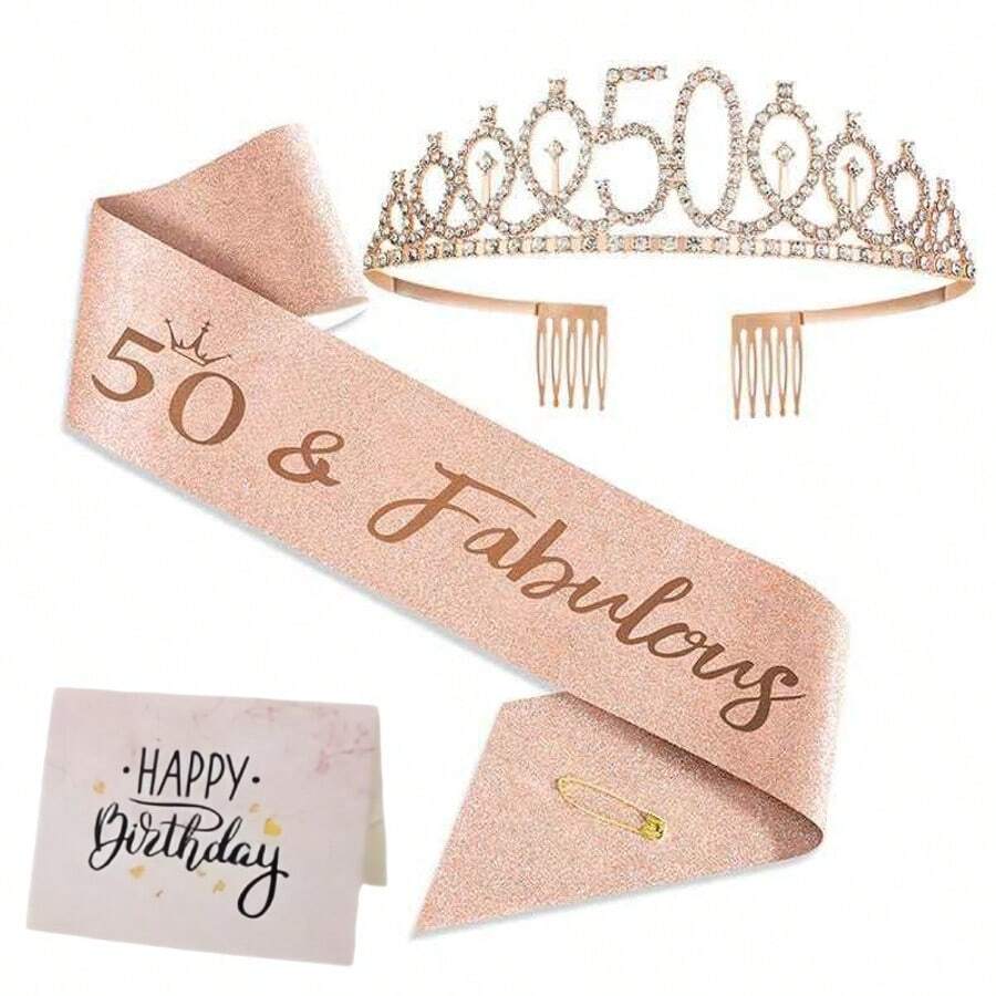50歲生日水晶皇冠 + 50歲生日肩帶 + Ins風金色箔可摺疊賀卡套組,50歲生日禮物,女性好友生日派對裝飾,快樂派對用品 - 彩色 - 查看 1