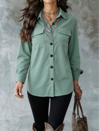 加大码纽扣长袖梭织衬衫，常规版型