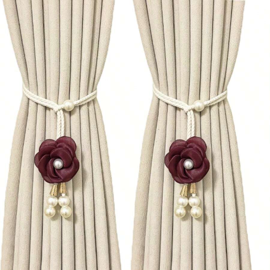 MEISIMENGSHA 1 par de sujetacortinas decorativos con perlas falsas y flores, sujetacortinas para cortinas transparentes - Rojo 2 piezas - Ver 1
