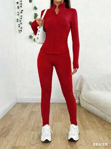 New Women's Slim-Fit All-In-One Set In Solid Color, Suitable Commuting, Dating And Family Gatherings. - Red - View 3