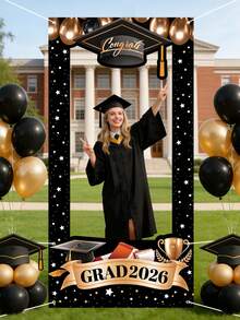 1Pc Black Gold Class Of 2026 Graduation Photo Frame,Congrats Grad Photo Booth Prop,120*60cm Vinyl Backdrop,Congratulations Graduation Celebration Decor,Graduation Party Supplies,Graduation Home Decor,Holiday Party Background Decor - Black and Gold - View 8