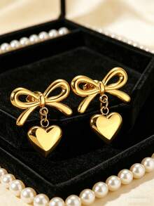Pendientes colgantes con forma de corazón de acero inoxidable chapado en oro con estilo de lazo para uso diario de mujeres - corbata de moño - Ver 5