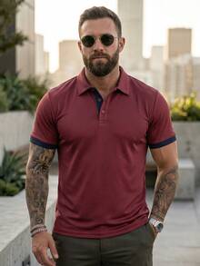 Men's Short Sleeve Polo Shirt Solid Color, Casual Style For Daily Wear Outdoor Travel Work, Perfect Gift For Boyfriend Husband - Burgundy - View 1