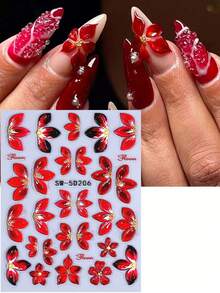 SWEET TREND 5D红色花卉浮雕美甲贴纸2片装，渐变红色芙蓉花瓣，春夏花朵DIY复古华丽雕刻自粘沙龙贴纸，滑动式美甲装饰，适合女性和女孩美甲设计 - 彩色 - 查看 5