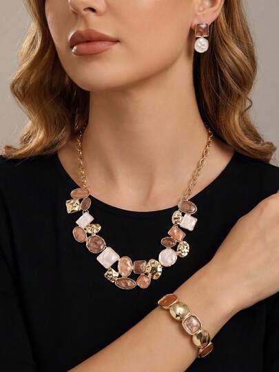 Set de 3 piezas de collar, aretes y pulsera de estilo bohemio minimalista en color caqui con diseño geométrico, adecuado para uso diario, fiestas, galas, vacaciones, festivales de música, playa, Día de la Madre, cumpleaños y otras ocasiones
