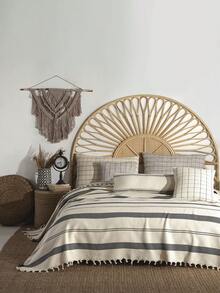 Handmade Pure Cotton Queen/California King Blanket Coverlet With All-Around Fringes – Plain, Soft, Lightweight All-Season Bohemian Layering Throw ,Ivory & Black French Stripes - Ivory & Black French Stripes - 查看 5