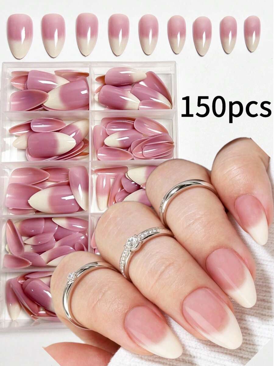 1盒150片中长杏仁形极简渐变浅紫色至乳白色法式假指甲，亚克力按压式指甲，DIY亚克力按压式指甲，适合女性和女孩美甲设计 - 彩色 - 查看 1