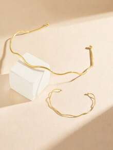 2pcs Gold Minimalist Wavy Necklace & Bracelet Set, Unisex Couple Matching Jewelry For Summer Party Event Necklace Choker - Gold - View 3