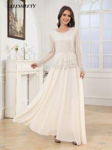 优雅杏色亮片刺绣长袖连衣裙，雪纺下摆，适合婚礼、派对、周年纪念等场合。 - 杏色 - 查看 2