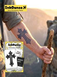 1 Kit "Gothic Cross" New Technology Tattoo Sticker, Temporary Tattoo, Semi-Permanent, Fake Tattoo, Waterproof & Long-Lasting, Realistic Design, The Monarch's Roar, Plant-Based Formula, InkDance Ink Dance, Gift Festival Body Art D306,Halloween Costume - Black - View 1
