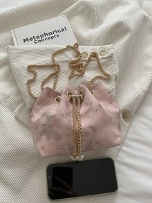 Fashionable Drawstring Printed Bucket Crossbody Bag, Versatile Chain Shoulder Bag For Women - Pink - View 3