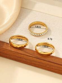 3pcs Stainless Steel Fashion Minimalist Golden Rings, Inlaid With White Rhinestones, Suitable For Women's Daily Wear Or As Gifts - Yellow Gold - View 4