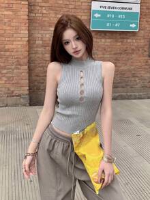 性感镂空无袖背心，灰色百搭针织紧身露脐上衣，夏季必备 - 灰色 - 查看 7
