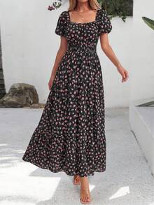 Women Summer Floral Short Sleeve Square Neck Smocked Flowy A-Line Boho Long Dress Spring Casual Holiday Beach Vacation Hawaii Maxi Dresses Outfits - 黑粉花 - 查看 4
