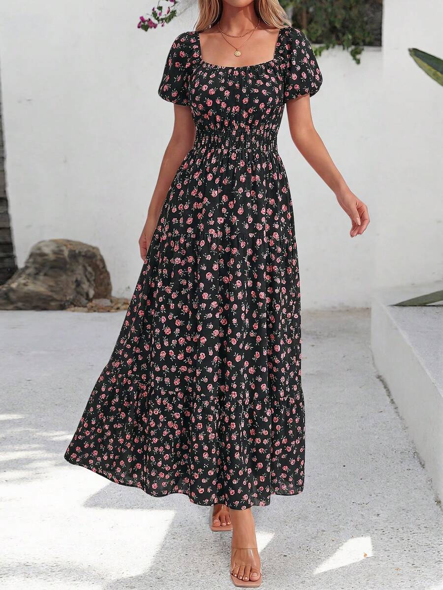 Women Summer Floral Short Sleeve Square Neck Smocked Flowy A-Line Boho Long Dress Spring Casual Holiday Beach Vacation Hawaii Maxi Dresses Outfits - 黑粉花 - 查看 1