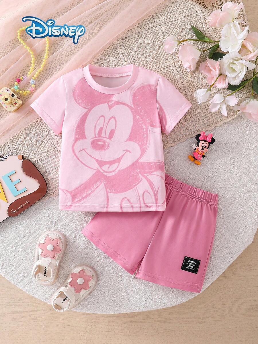 Bộ áo thun ngắn tay và quần short in hình chuột Mickey của Disney Baby dành cho bé gái, trang phục mùa hè dễ thương, quần short cạp chun màu trơn cho trẻ em đi nghỉ mát, trang phục ngoài trời. - Hồng - Xem 1