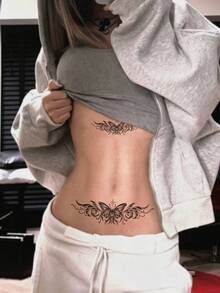 1pc Black Butterfly Tattoo Sticker, Floral Print, Chic Realistic Temporary Tattoo For Women, Suitable For Back, Chest, Abdomen, Perfect For Parties And Music Festivals,Sketch Style - Black - View 2