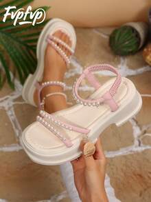 FVPFVP Giày sandal đế xuồng cao vừa phải, đính ngọc trai giả, kiểu dáng La Mã, thời trang, đa năng, đế dày, hợp xu hướng mùa hè 2024 dành cho nữ. - Màu Hồng baby - Xem 1