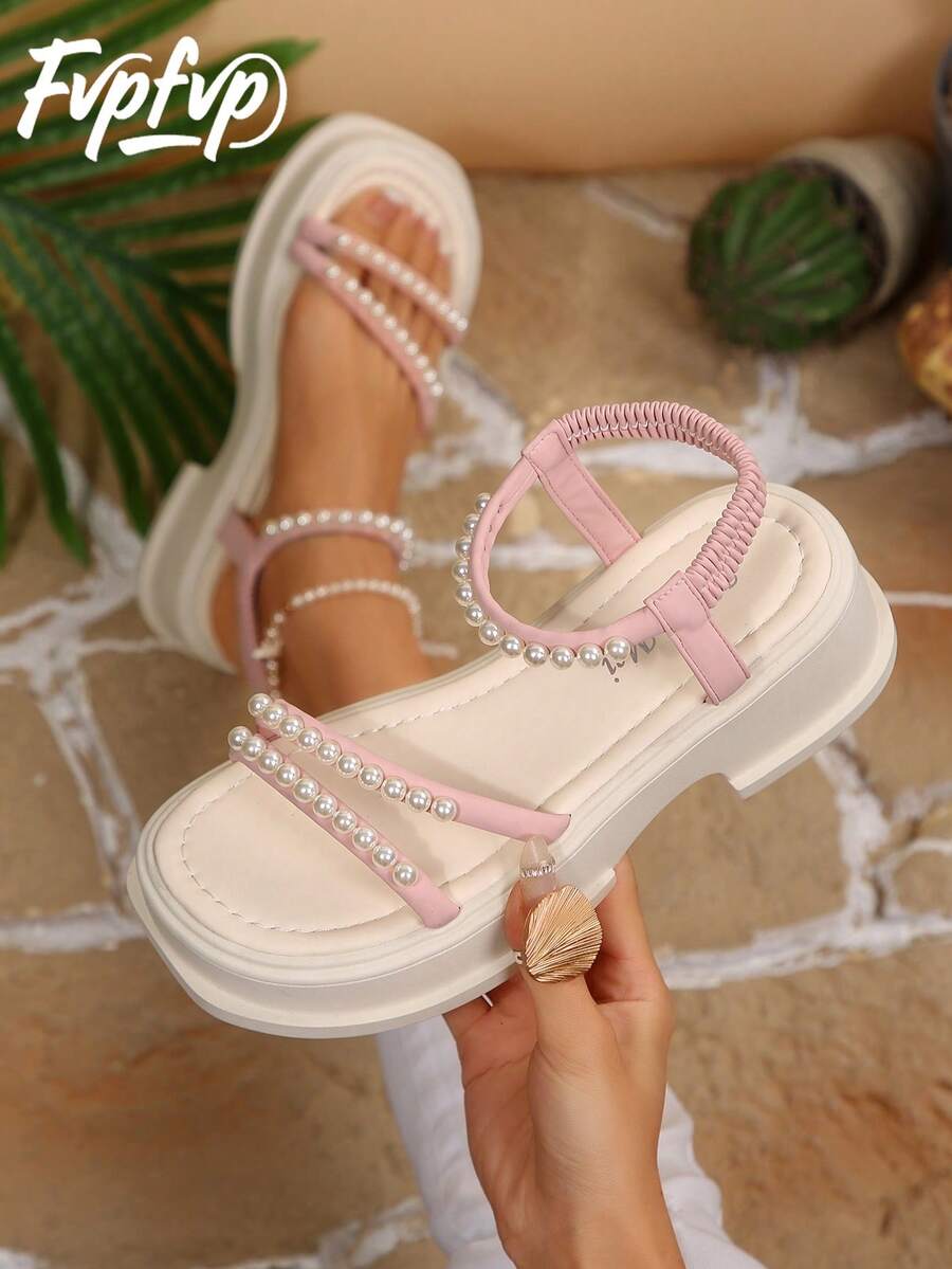 FVPFVP Giày sandal đế xuồng cao vừa phải, đính ngọc trai giả, kiểu dáng La Mã, thời trang, đa năng, đế dày, hợp xu hướng mùa hè 2024 dành cho nữ. - Màu Hồng baby - Xem 1