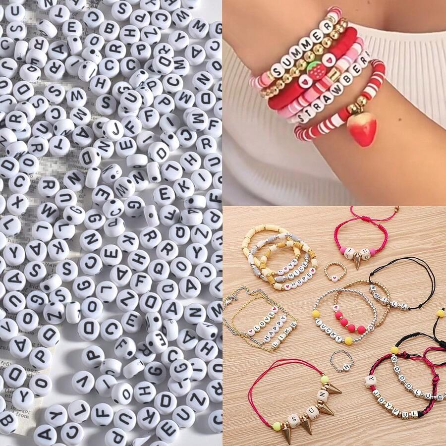 100/200/500颗混合字母珠，适合DIY珠宝制作，手链、项链，带有时尚的名字图案 - 黑色 - 查看 1