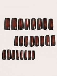 24pcs Medium Square Nail Stickers, Autumn/Winter Punk Style Nail Stickers, Brown Tone Fashionable Retro, Full Coverage Brown Halo, Suitable For Women And Girls. Includes 1 Sticker Sheet And 1 Mini Nail File - Multicolor - View 2