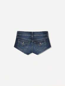 Women's Low Rise Micro Mini Denim Shorts Y2K Retro Double Button Flap Pocket Washed Jean Hot Pants Summer Casual Streetwear - 深藍色 - 查看 5