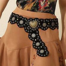 Plus Size XL/XXL Women's Belt, Y2K Girl Waist Belt, BOHO Style Heart Patchwork Rivet Decor Western Retro Velvet Black Belt Accessory, Suitable For Skirts, Music Festivals, Parties, Y2K, Plus Size, Valentine's Day - Black - View 1