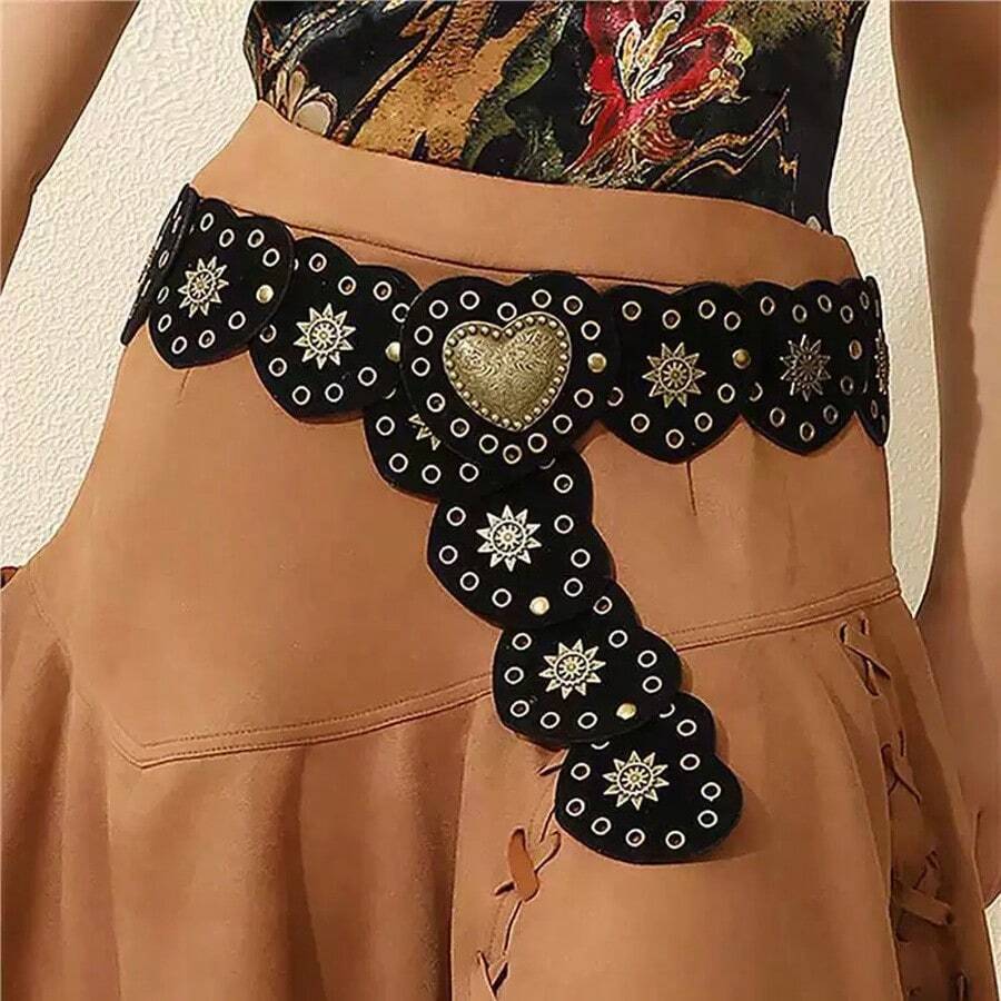 Plus Size XL/XXL Women's Belt, Y2K Girl Waist Belt, BOHO Style Heart Patchwork Rivet Decor Western Retro Velvet Black Belt Accessory, Suitable For Skirts, Music Festivals, Parties, Y2K, Plus Size, Valentine's Day - Black - View 1
