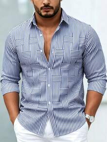 Plus Size Men's Striped Geometric Patchwork Long Sleeve Shirt, Business Casual Style, Unique Fashion Design, Versatile For Daily Wear And Commute - Baby Blue - View 7