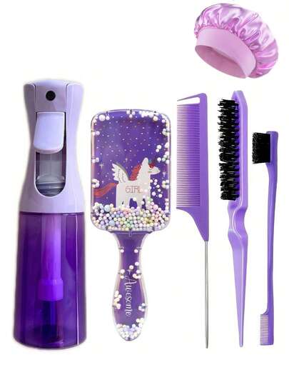 Set de 6 piezas de peine cuadrado y botella rociadora, peine de plástico antiestatico con estampado de la Torre Eiffel, peine portátil con diseño de patrones, botella rociadora de alta presión, adecuado para adolescentes, cabello normal, mango duradero de ABS, diseño cuadrado lindo, set de herramientas para el peinado y set de artículos de tocador y gorro de ducha