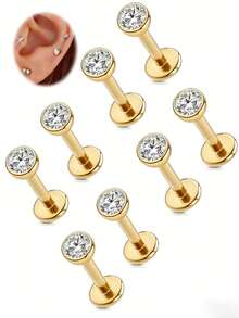 Set de 8 piezas de anillos para la nariz y aretes con pequeños rhinestones, adecuado para perforaciones en la nariz, cartílago, hélix, trago, labio, diseño unisex - Multicolor - Ver 3