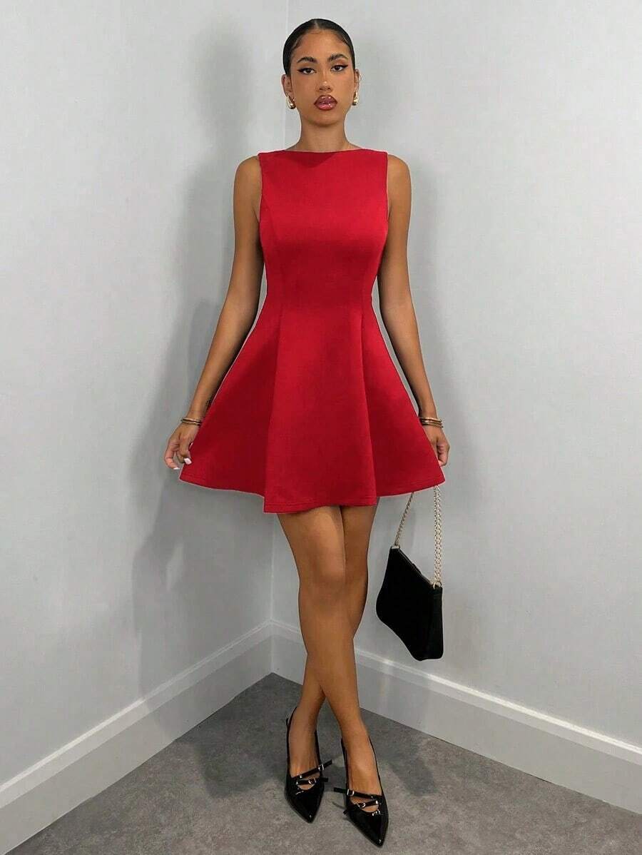 Vestido elegante de unicolor sin mangas con dobladillo con volantes y cintura elástica para citas en otoño para mujer - Rojo - Ver 1