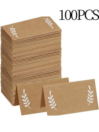 100/50pcs Brown Leaf Place Cards, Kraft Paper Printed Pattern Wedding Table Number Cards, Floral Gift Message Cards, Dining Table Number Plates, Holiday Party Decor, Room Decor, Banquet Party Supplies, Wedding Dinner Table Seating Cards
