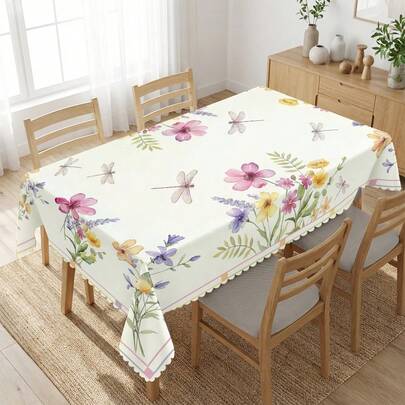 1 chiếc khăn trải bàn in họa tiết hoa và chuồn chuồn tinh tế, thích hợp cho các dịp lễ, tiệc tùng, sinh nhật, bữa tối, trang trí bàn nhà hàng, mọi mùa, trang trí nhà cửa.