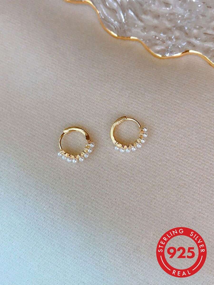 假珍珠裝飾純銀耳環 - 金黃色 - 查看 1