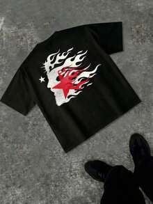 Cotton Y2K Double-Sided Flame Star Graphic Print Short Sleeve T-Shirt Unisex Casual Streetwear Retro Grunge Style Top For Spring Summer Fall Daily Wear Music Festival Skate Outfitgraphic T,Men's Clothes,Summer - 黑色 - 查看 3