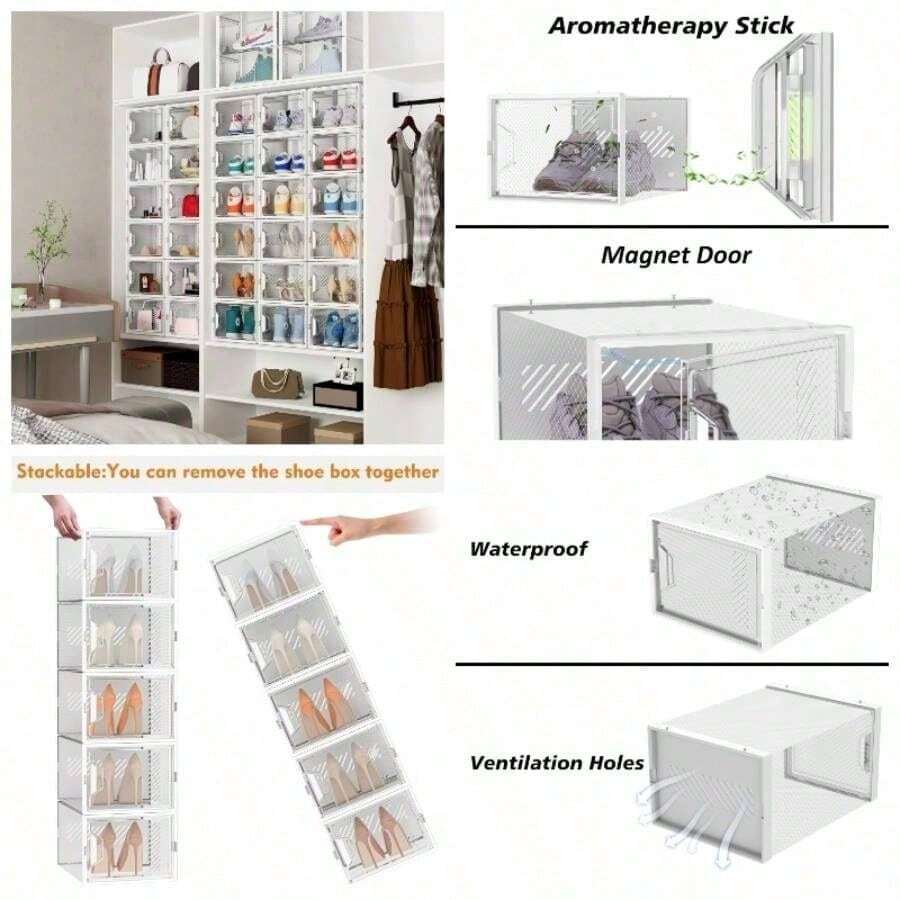 Large Shoe Storage Box, 12 Pcs Shoe Boxes Plastic Stackable, Shoe Organizer Containers With Lids Women/Men, Fit UK 12 - Clear - View 1