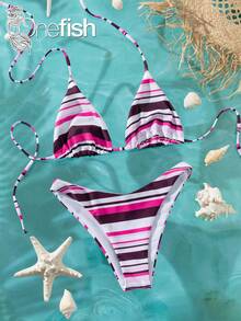 Onefish Pink & Burgundy Striped Triangle Bikini Set, Tie Neck, Adjustable Back, Sliding Triangle Cups, Removable Padding, Soft Stretchy Fabric, Multicolor Striped Pattern, Pink, Burgundy & White Contrast Colors, 2-Piece Swimwear Vacation Beach Summer - Purple - View 2